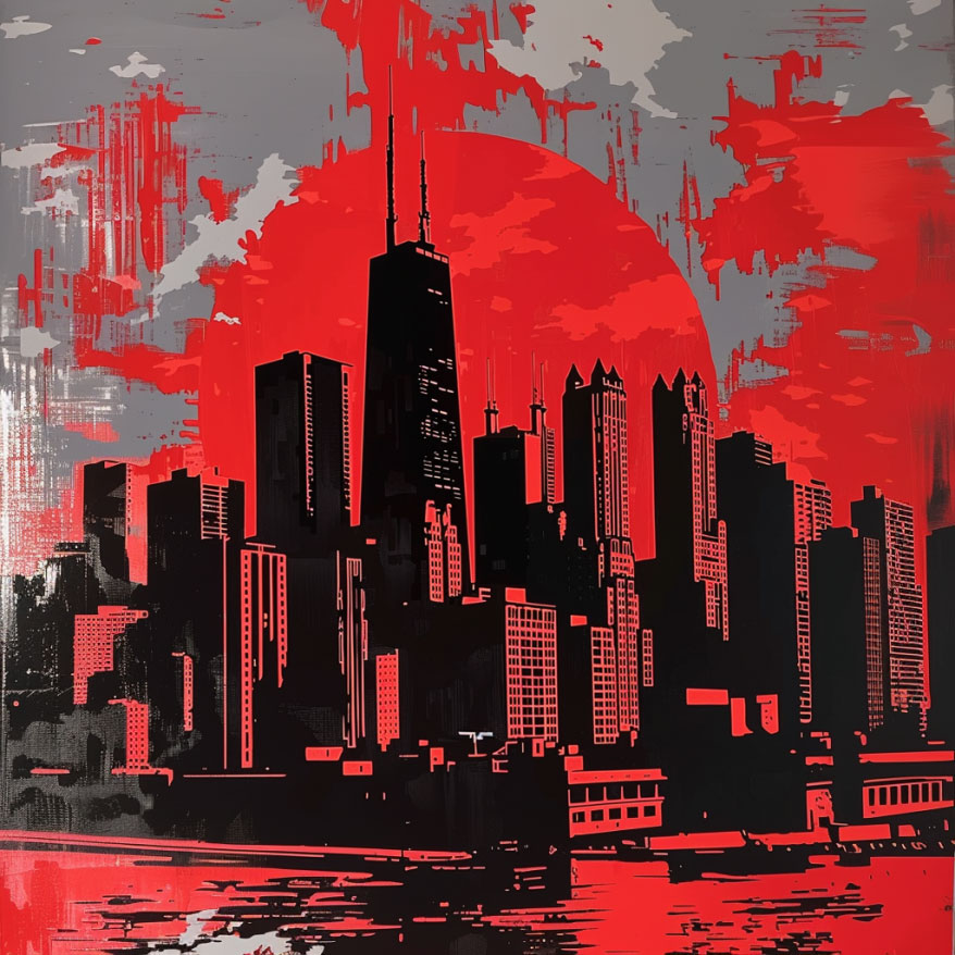 Stylized red, black, and gray graphic of the Chicago's city skyline.