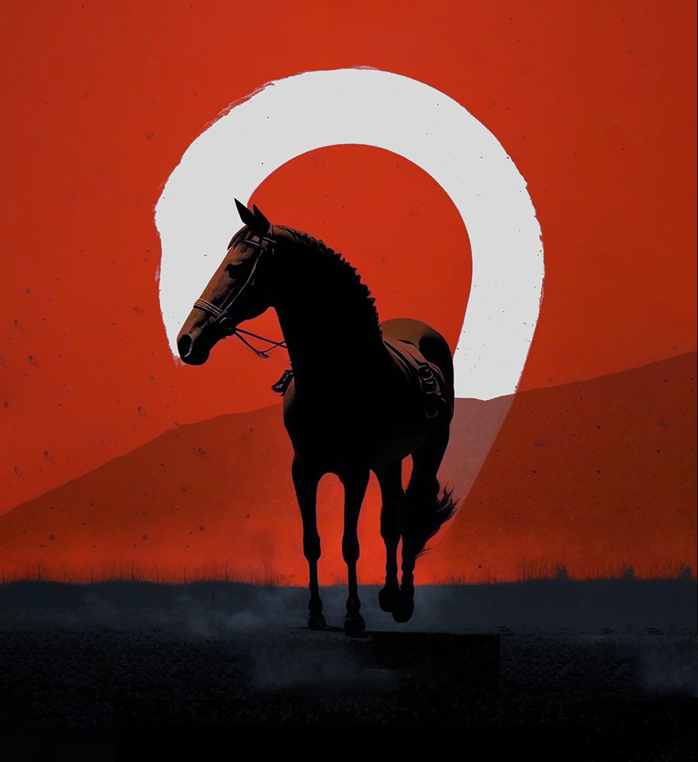 Stylized red, black, and gray graphic of a thoroughbred race horse alone on top of a small hill used for the ROLL book cover.