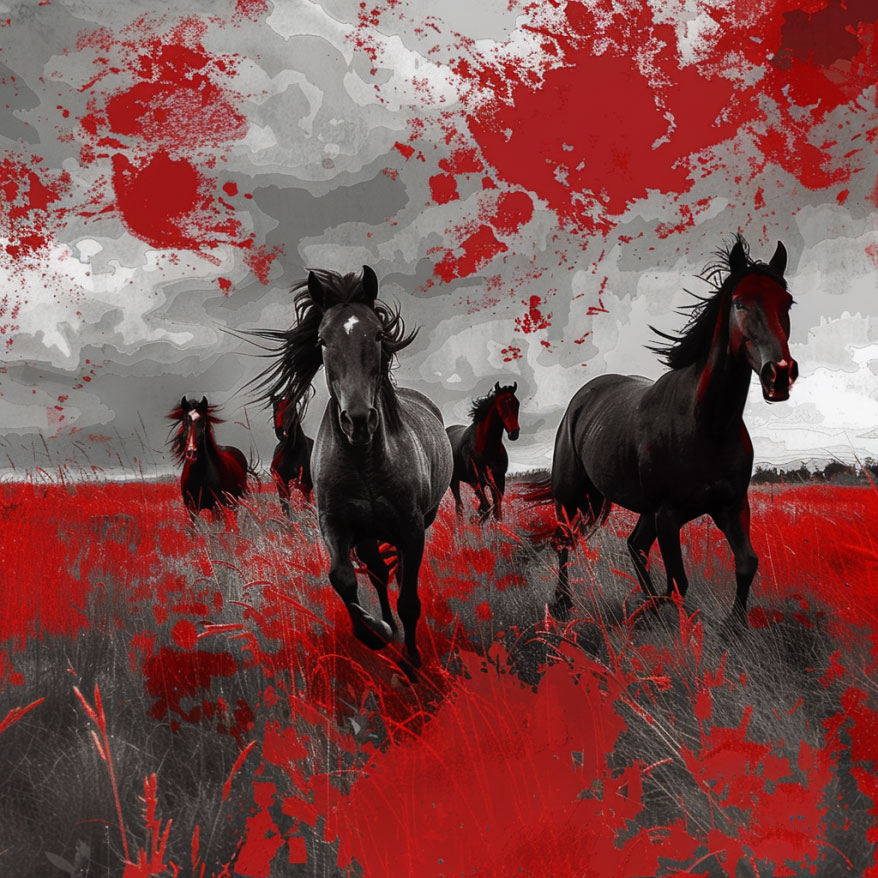 Stylized red, black, and gray graphic of five thoroughbred horses running in a field.