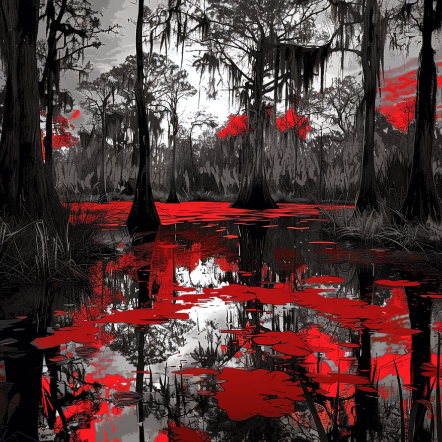 Stylized red, black, and gray graphic of a Louisiana swamp with cypress trees and Spanish moss.